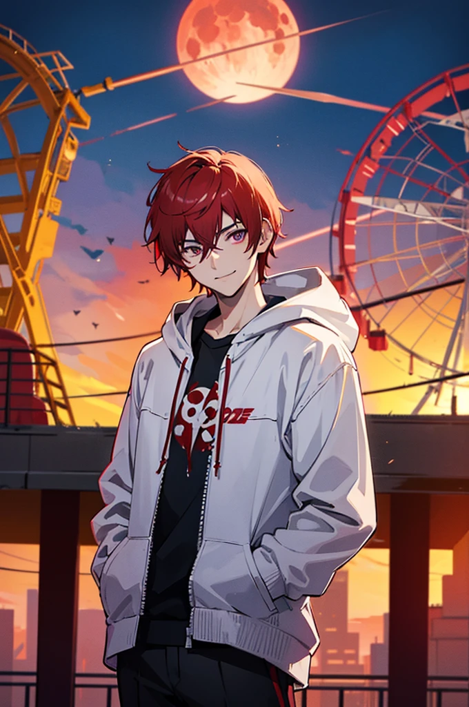 Face through torso, 1man, mature male in his 20s, short hair(Red hair, hair between eyes), sharp and masculine purple eyes(no highlights), sinister smile, mysterious aura like a mastermind behind all events, wearing white hoodie under casual jacket, black pants, controlling red death energy, standing in front of a closed amusement park's Ferris wheel at night with a blood-red moon in the background