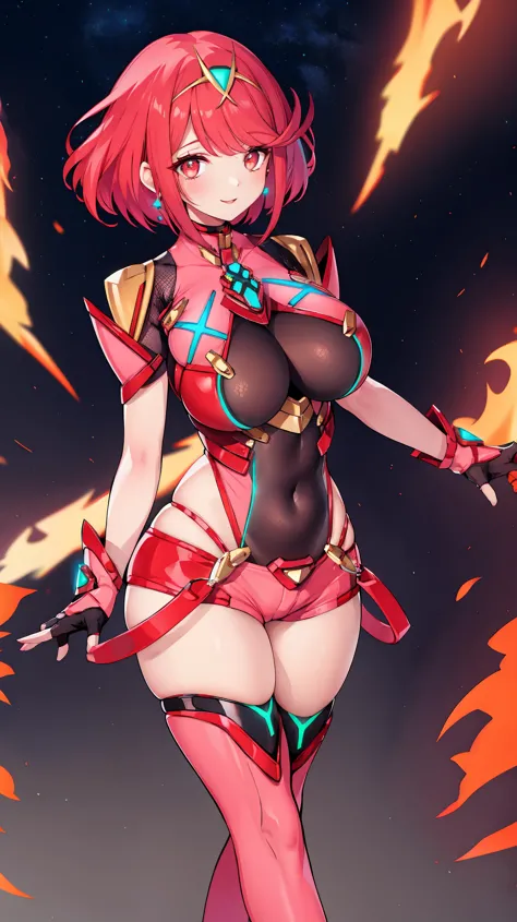 pyra \(xenoblade\), young_teen_1girl, armor, bangs, black gloves, breasts, red eyes, closed mouth, earrings, eyelashes, fingerle...