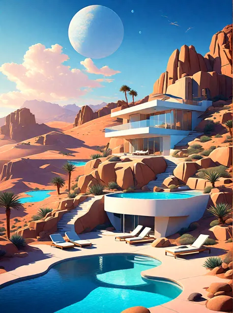 arafed view of a house with a pool and a mountain in the background, desert oasis, oasis in the desert, futuristic in the desert...