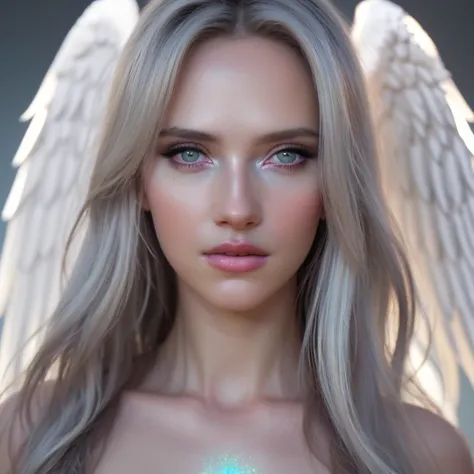 a angel celestial being con alas, highly detailed intricate features, glowing eyes, iridescent skin, flowing celestial hair, cel...