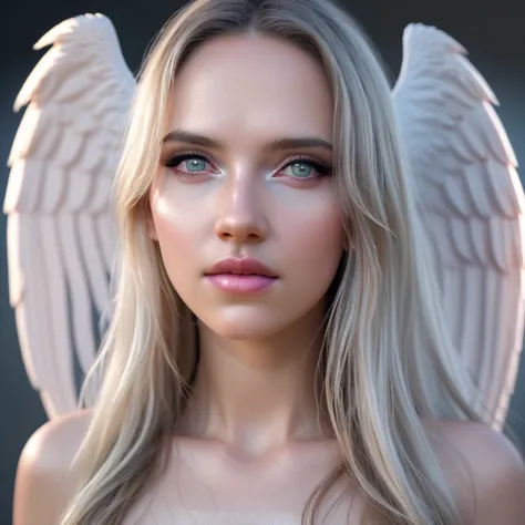 a angel celestial being con alas, highly detailed intricate features, glowing eyes, iridescent skin, flowing celestial hair, cel...