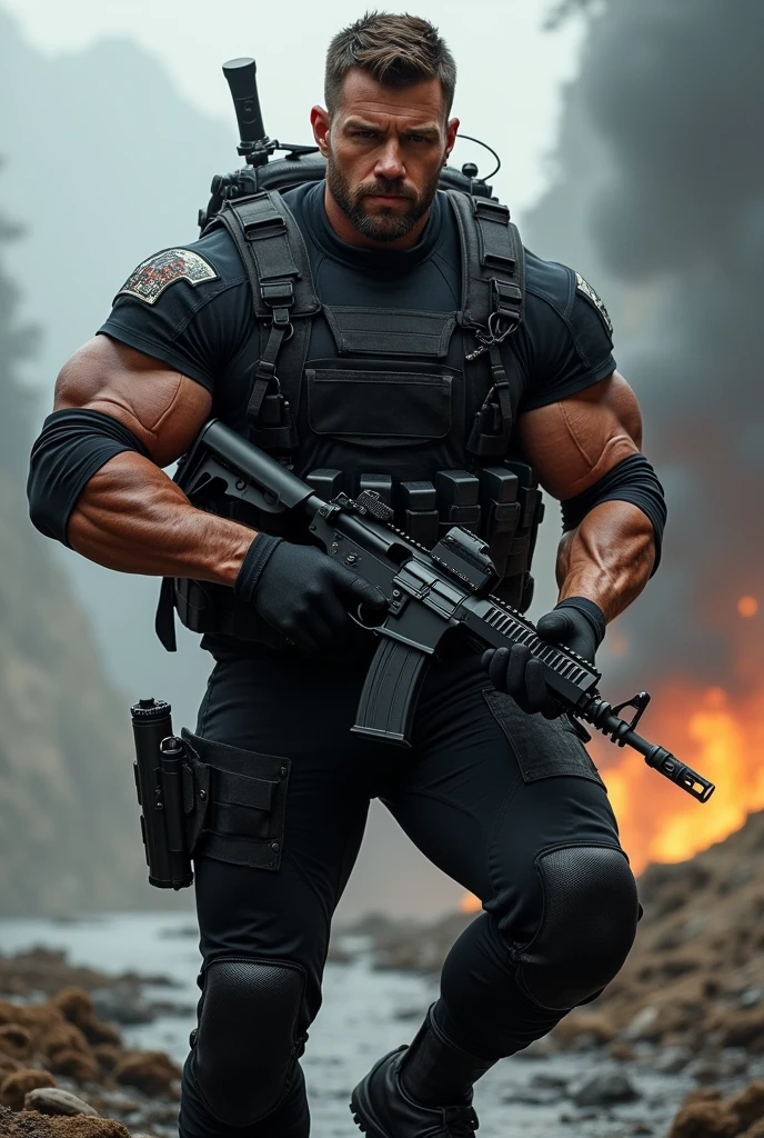 A very handsome big muscular man wearing a Navy Seal black underwater tactical uniform, with tactical gloves and a leg holster for his Colt 1991 .45 caliber handgun, rolled up sleeves, showing biceps, holding an MP5-N submachine gun, background a battlefield, dynamic pose, alpha male, Chad, huge bulge in trousers caused by his gigantic dick