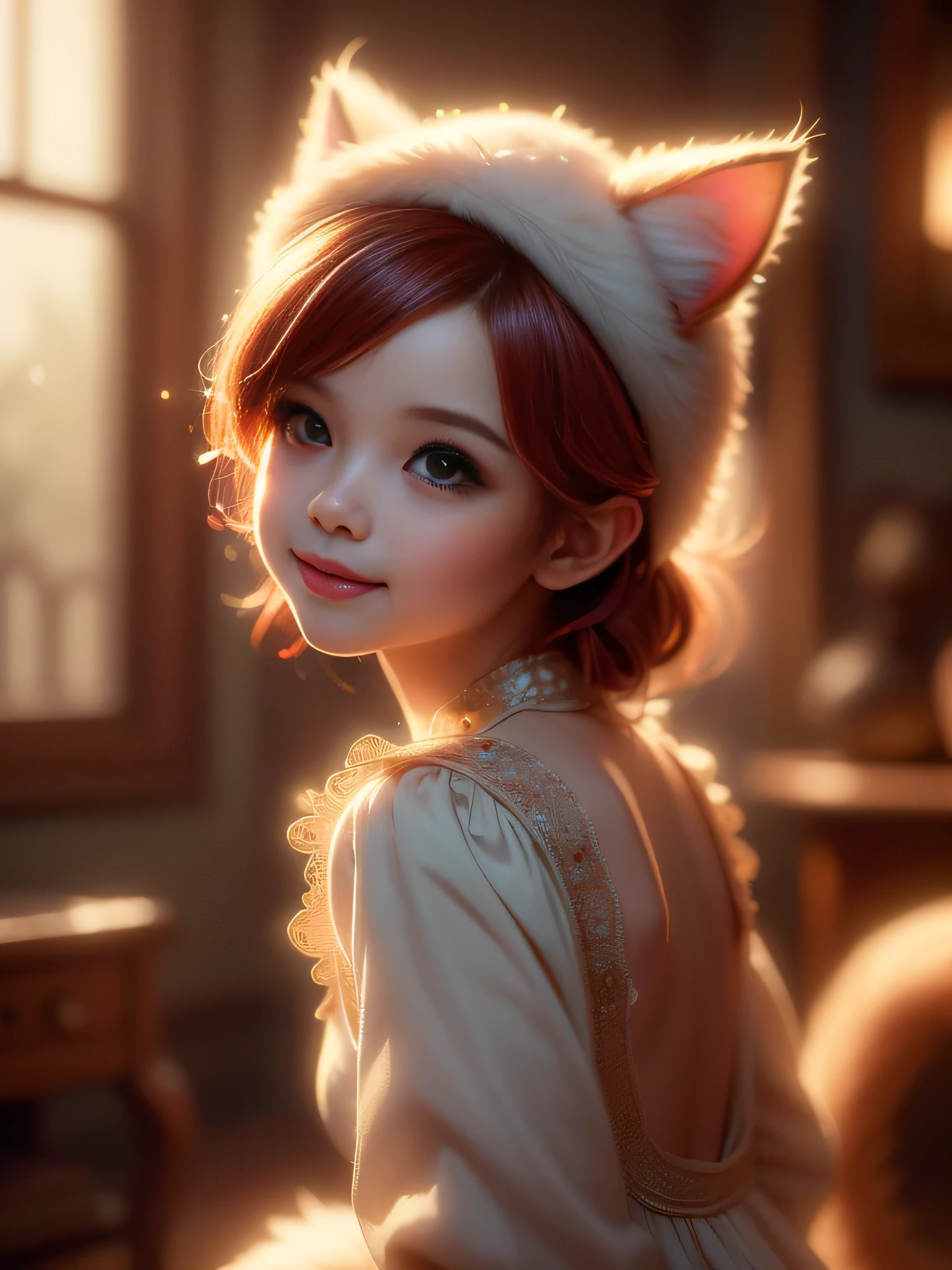 (Best Quality, Super Detailed, masterpiece, representative work, official art, professional, super high detail, 8k:1.3) Cute girl face wearing cat ear hat, girl dressed as furry, Vivid colors, Red hair, Innocent expressions, Playful features, Natural lighting, Soft background, Photorealistic, Shining eyes, Sharp focus, Glowing skin, Sweet and mischievous look, Hint of mischief, Dreamy atmosphere, Delicate details, soft volumetric light, (backlight:1.3), (cinematic:1.2), intricate details, (ArtStation:1.3)