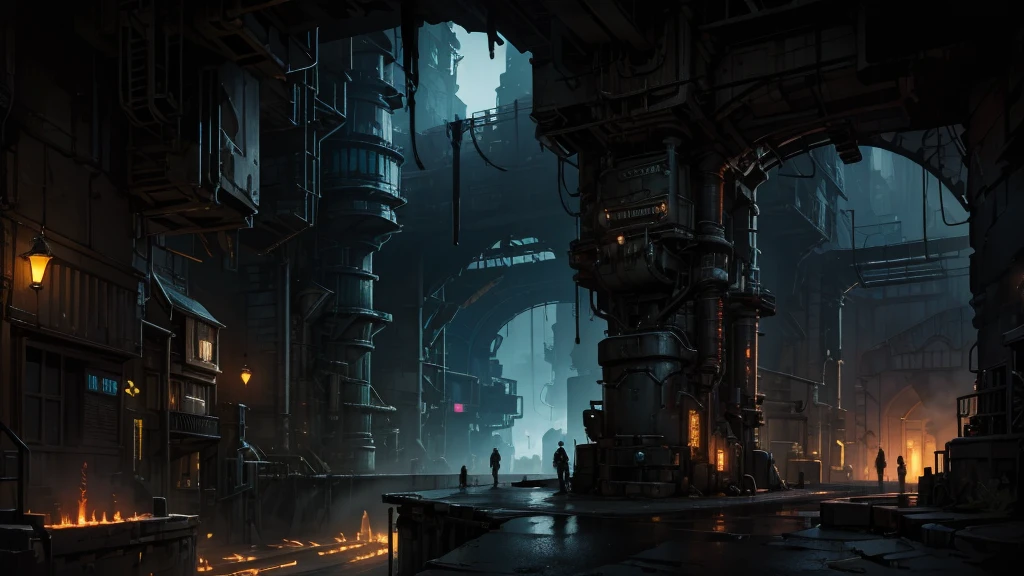 a look of industrial victorian cyberpunk street, zaun, industrial arcane underground street, neon, punk, cave city, dark street, industrial fantasy night street, dark street with neon, dark victorian industrial look, underground city, undercity, zaun from arcane, cave