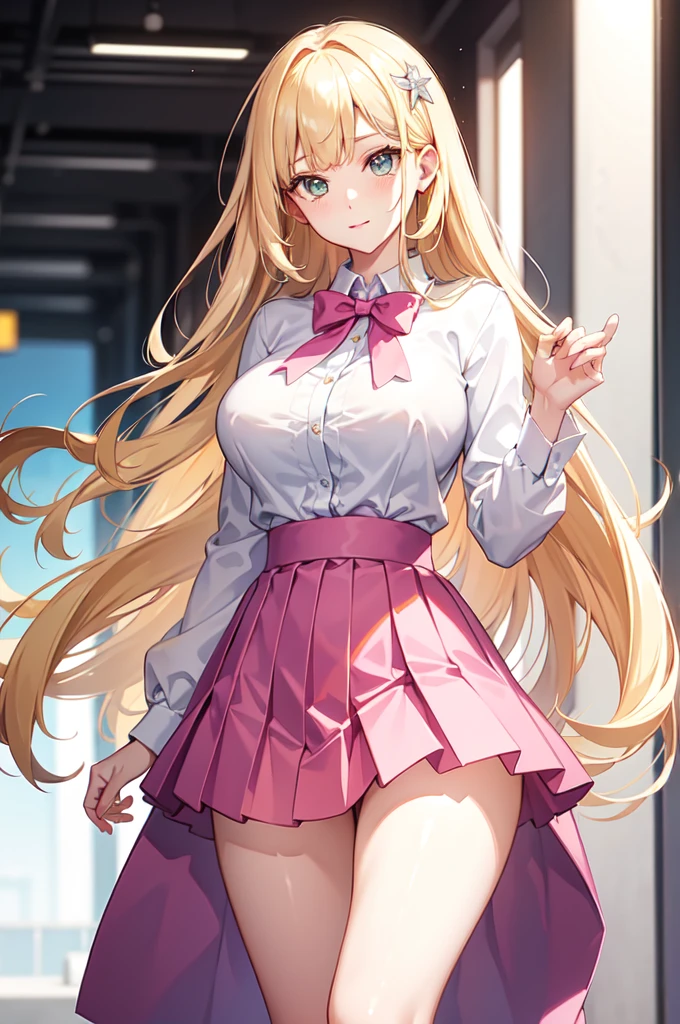 Simple pink Background,  pink shirt,white sailor collar, school_uniform, serafuku,long_sleeves,Yellow_bowtie, Green skirt,pleated skirt, blonde_hair,Long_hair,Green_eyes,Bangs, 1 girl, 20yo,Young female,Beautiful long legs,Beautiful body, Beautiful Nose,Beautiful character design, perfect eyes, perfect face,expressive eyes,perfect balance, looking at viewer,(Focus on her face),closed mouth, (innocent_big_eyes:1.0),(Light_Smile:0.3), official art,extremely detailed CG unity 8k wallpaper, perfect lighting,Colorful, Bright_Front_face_Lighting,White skin, (masterpiece:1.0),(best_quality:1.0), ultra high res,4K,ultra-detailed, photography, 8K, HDR, highres, absurdres:1.2, Kodak portra 400, film grain, blurry background, bokeh:1.2, lens flare, (vibrant_color:1.2),professional photograph, (Beautiful,large_Breasts:1.4), (beautiful_face:1.5),(narrow_waist),