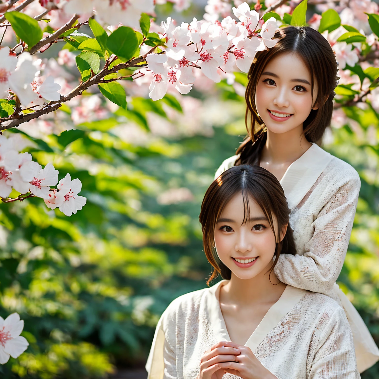 Under the cherry tree、A beautiful Japanese woman smiling while looking up at cherry blossoms in full bloom。wearing traditional kimono、Wrapped in the warm light of spring。Cherry blossom petals swaying in the wind、Her elegant appearance is impressive。