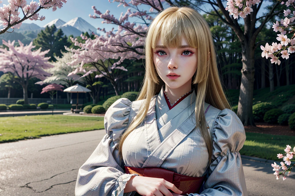 ((ultra detailed, masterpiece, absurdres))
 TKLili, 1girl, blonde hair, long hair, blunt bangs, in a traditional kimono, surrounded by cherry blossoms