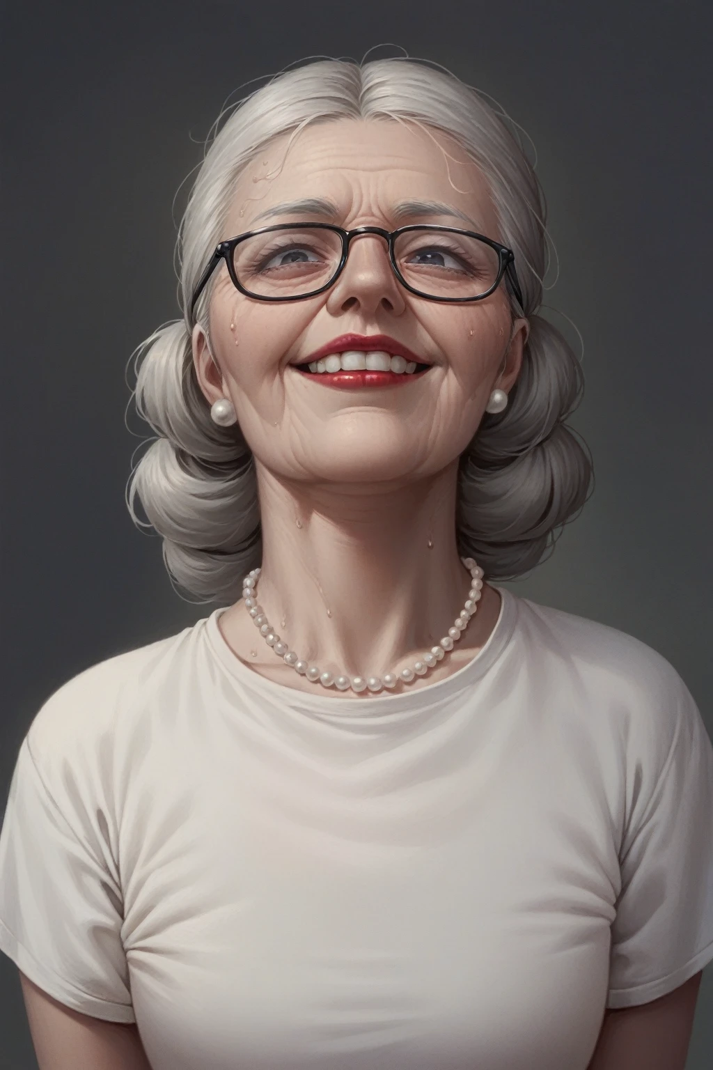 Prompt: score_9, score_8_up, score_7_up,hyperrealistic shadow low light, higher angle,nightime, art cinematic film still view from underneath woman photography in the style of detailed hyperrealism photoshoot, Extremely high-resolution details, gray background, elderly small flat-chested woman gray hair, excited smile, lipstick, white t-shirt, pearl necklace, black rimmed glasses, head back, sweating