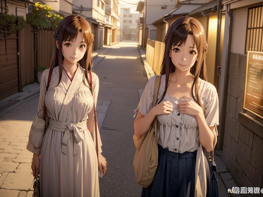 (Masterpiece, 8k, Highest quality, Depth of subject), (Japanese women, 26yo), (Your face is so cute, A gentle gaze), (Beautiful and accurate female body shape, Precise hand and finger movements), (Large breast swelling, g-cup), (A relaxed world view, A typical Japanese provincial city scene, Back Alley, stroll, Beautiful, detailed depiction, The surrounding scenery is wide, Soft sunlight), (Good morning with a smile), Full body description or app description