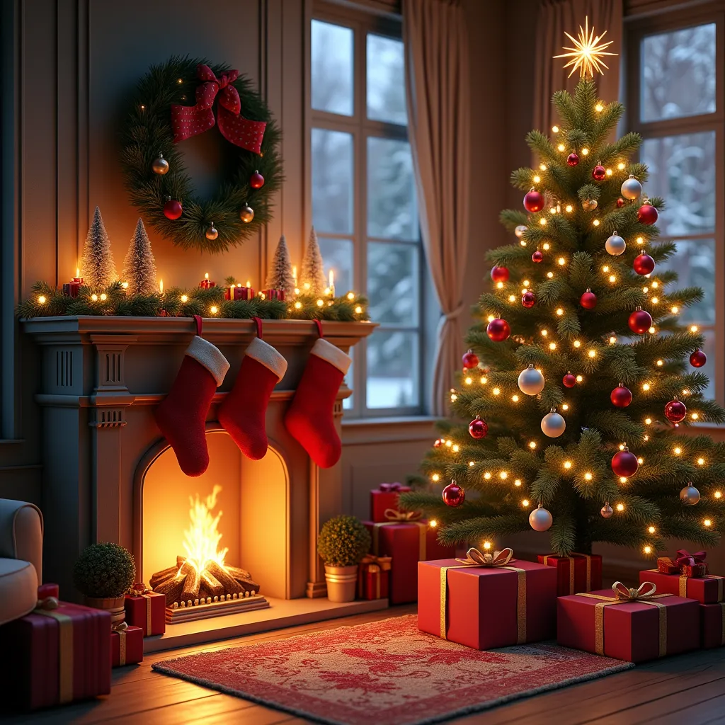 The interior of a cozy home during Christmas. A fireplace with stockings hung above it, surrounded by a Christmas wreath and twinkling fairy lights. Nearby is a beautifully decorated Christmas tree adorned with colorful baubles, a star on top, and presents wrapped in festive paper with colorful ribbons beneath it. Through the window, a snowy scene is visible, creating a feeling of warmth and comfort inside the home.