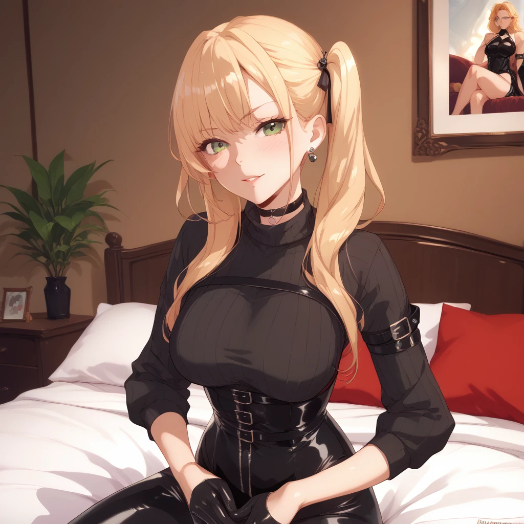 blond haired woman in black dress sitting on bed with hands on her face, wearing black choker, outfit photo, amouranth, black outfit, wearing turtleneck, black turtleneck, wearing choker, wearing black clothes, wearing in black clothes, black choker, better known as amouranth, wrapped in leather straps, wearing a black bodysuit, choker around neck