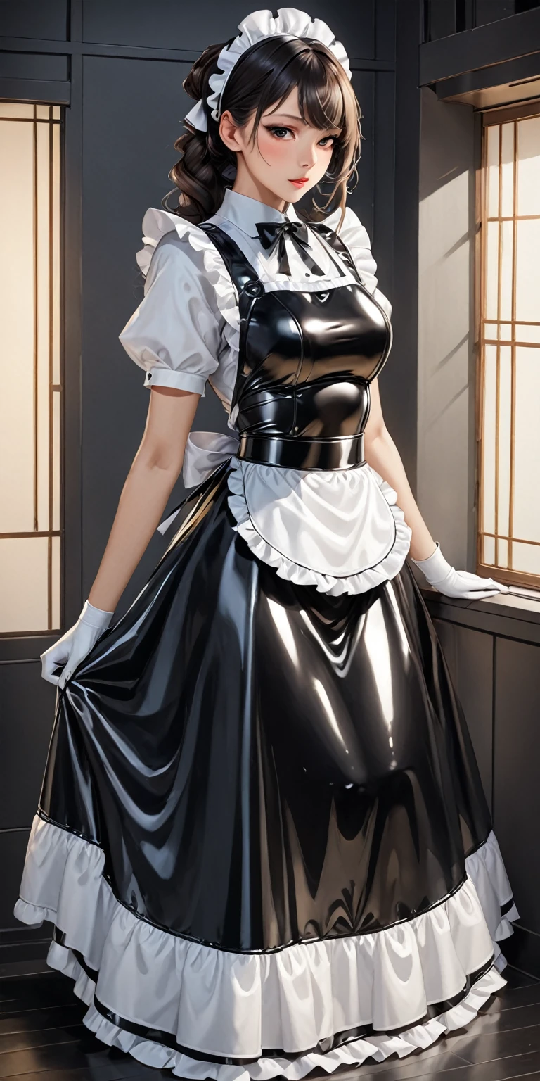 nsfw, Portraiture、(masterpiece,Highest quality,Ultra-high resolution),Japanese women, (((Very beautiful 2 girl))),(Latex Maid Clothing)、((Latex Long Skirt))、(A long-sleeved latex shirt that covers the upper body)、Latex gloves、Latex socks、Latex bodysuit、Frills、The clothes fit snugly to the body、Latex is very shiny、Dark Room、