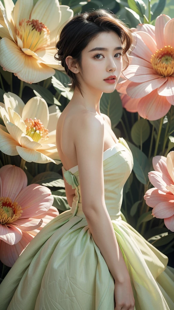 Masterpiece, Best quality, (1 woman), Very detailed, fine details, High resolution, 8K quality, hyper hd, Perfect dynamic composition, Beautiful detailed eyes,  Natural lips,Strapless green edge pink floral dress, very short hair, Abstract background, Be shy, diffused neon background,