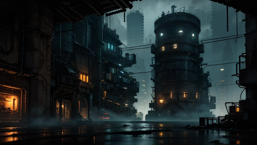 dark, industrial cityscape, nighttime, high-rise buildings, cluttered pipes, neon lights, street scene, dimly lit, atmospheric shadows, gloomy atmosphere, warm and cool color contrasts, low angle shot, deep depth of field, detailed structures, overcast lighting, cyberpunk style, urban dystopia, complex architecture, moody vibe, subtle fog industrial arcane underground street, neon, punk, cave city, dark street, industrial fantasy night street, dark street with neon, dark victorian industrial look, underground city, undercity, zaun from arcane, cave —c 10 —ar 2:3
