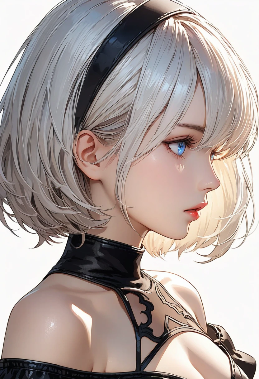 {(masterpiece,best quality, 16K portrait, UHD, extremely detailed the work, detailed beautiful face and eyes and skin and hair)} 
BREAK {(super-realistic illustration style)} 
BREAK {1 adult-woman,(2B of Nier-Automa:1.2), (pale-off-white colored hair:1.4, short cut hair),(very small Almond-shaped eyes:1.2),(attractive blue-gray eyes:1.4),(left-eye hidden by bangs:1.2),(slender body),(medium breasts,cleavage),captivating lips} 
BREAK {(sensual look:1.2),(looking away)} 
BREAK {(Nier-Automata-2B costume:1.2),(black hairband:1)} 
BREAK {(simple background),(background shadow:1.2)} 
BREAK {upper body,(profile:1.2),cowboy-shot}