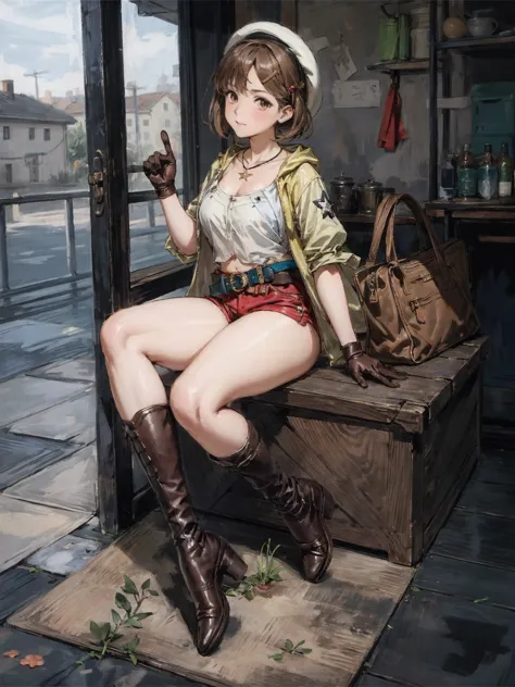 lisa, one girl, alone, shorts, gloves, belt bag, have, head ribbon, jewelry, 赤いshorts, brown hair, ( thick thighs), shorts, brid...