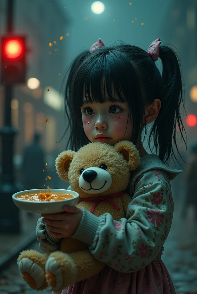 a girl with tears streaming down her face, clutching a torn and crumpled plush dog, its stuffing leaking through a rip in its fabric, two bears holding a plate of chicken soup at a red light, hyperreal rendered film being cut, people in the background crying, fragmented reality in a haunted, subdued color spectrum, dark fairytale chaos, wonderland unraveled, surreal and dystopian introspective psychological layers, a prominent spiderweb glistening in the moonlight, cultural text elements interwoven, 32k dark fantasy, psychological surrealism inspired by Katsuya Terada's style, (best quality,4k,8k,highres,masterpiece:1.2),ultra-detailed,(realistic,photorealistic,photo-realistic:1.37)