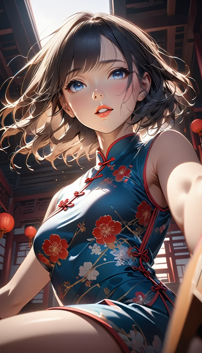 Wearing a Chinese dress, SFW sex appeal, shot from below, Generated in SFW