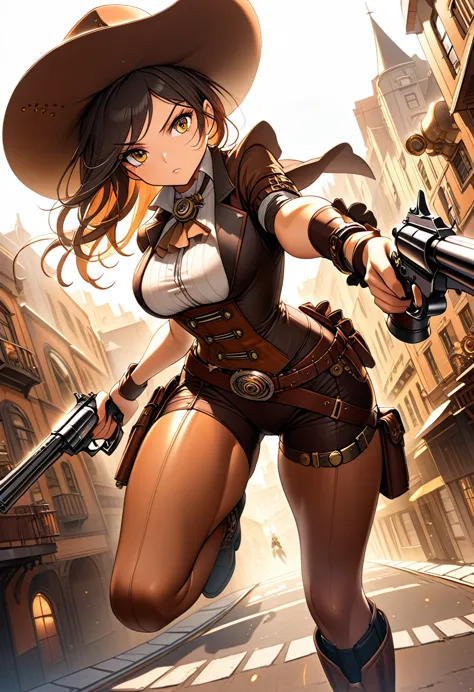 ultra quality, extremely detailed, high resolution, steampunk woman, cowboy, medium shot, steampunk city, warm sunlight, focused...