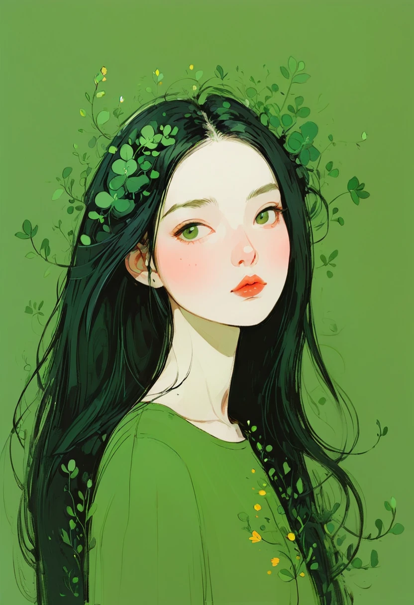 vector，Flat style，illustration，The Minimalists，illustration，Green tint，Abstract，Artistic Concept，A girl，Pretty Face，Black Hair，Begonia flowers