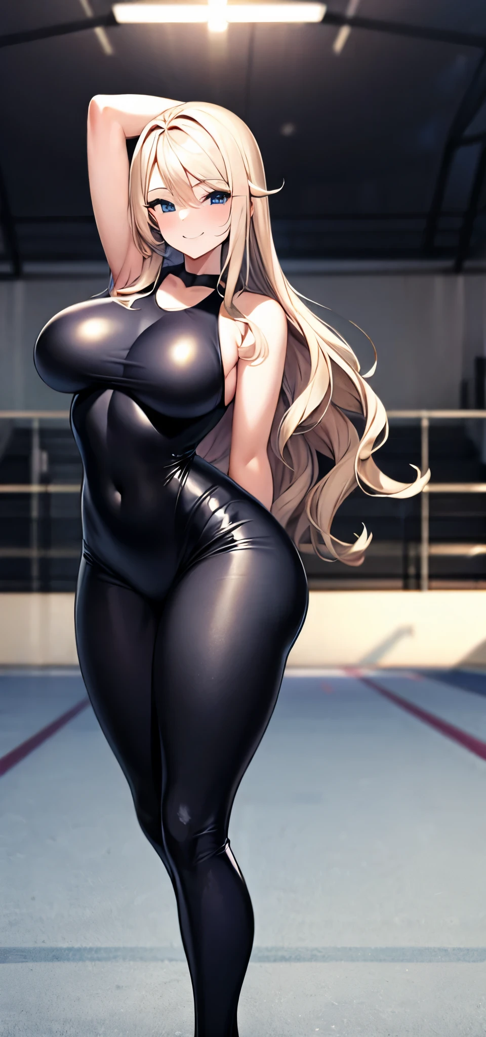 realisticlying、A 2 girl、gymnast、Breasts enlarged、Diagonal forward view、Black bodysuit covering the whole body、Blonde long wavy hair、The face smiled、Gymnastics competition venue、Sexy Posing