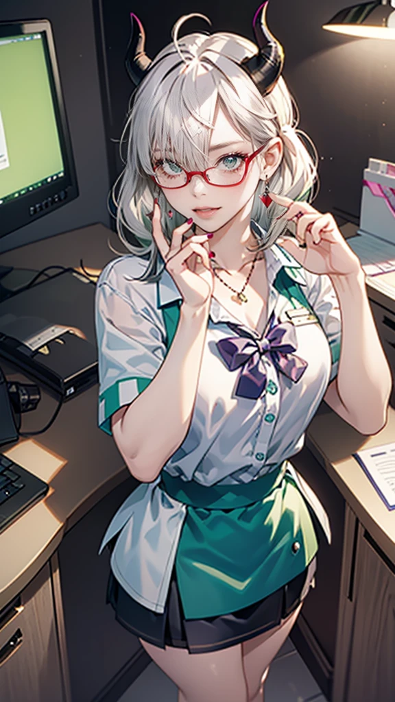 8k, masterpiece, best quality, highly detailed, 1girl, tiefling, multicolored hair, very short straight hair green highlight hair on white hair, strippled hair, wearing glasses, earrings, necklace, mole, glowing green eyes, glamorous, office clothes, high heels, white shirt, miniskirt, office, purple and teal shirt, villainy, smirk, seductive pose, close up view, rings, looking at viewer, demon horns, standing, office lady, pencil, dossier, files.