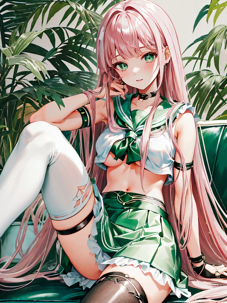 (((anime style, pink hair,emerald pupils))),(((indoor,leather couch / sofa,hands between thighs,sitting:0.8,)))((((((White sailor shirt,underboob,green sailor dress,zettai ryouiki,stocking,))))))(blushing), (geometric:1.1), ((1girl,amazing,adorable girl,goat horn,solo,cowboy shot,))(Masterpiece,Best quality, lineart, Beautiful and aesthetic:1.2),(16k,HD,HRS),((sagging breasts)), (((highdetailskin,))),Intricately detailed clothing，Delicate pupils,((((shiny hair|detailed hair|blunt bangiddle hair)))),(masterpiece sidelighting),(The sheen),(beautiful hair,beautiful eyelur background,bokeh:55mm)),((extremely_Detailed_Eyes_and_face)),Brilliant