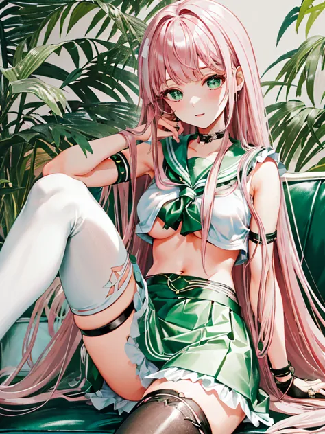 (((anime style, pink hair,emerald pupils))),(((indoor,leather couch / sofa,hands between thighs,sitting:0.8,)))((((((white sailo...