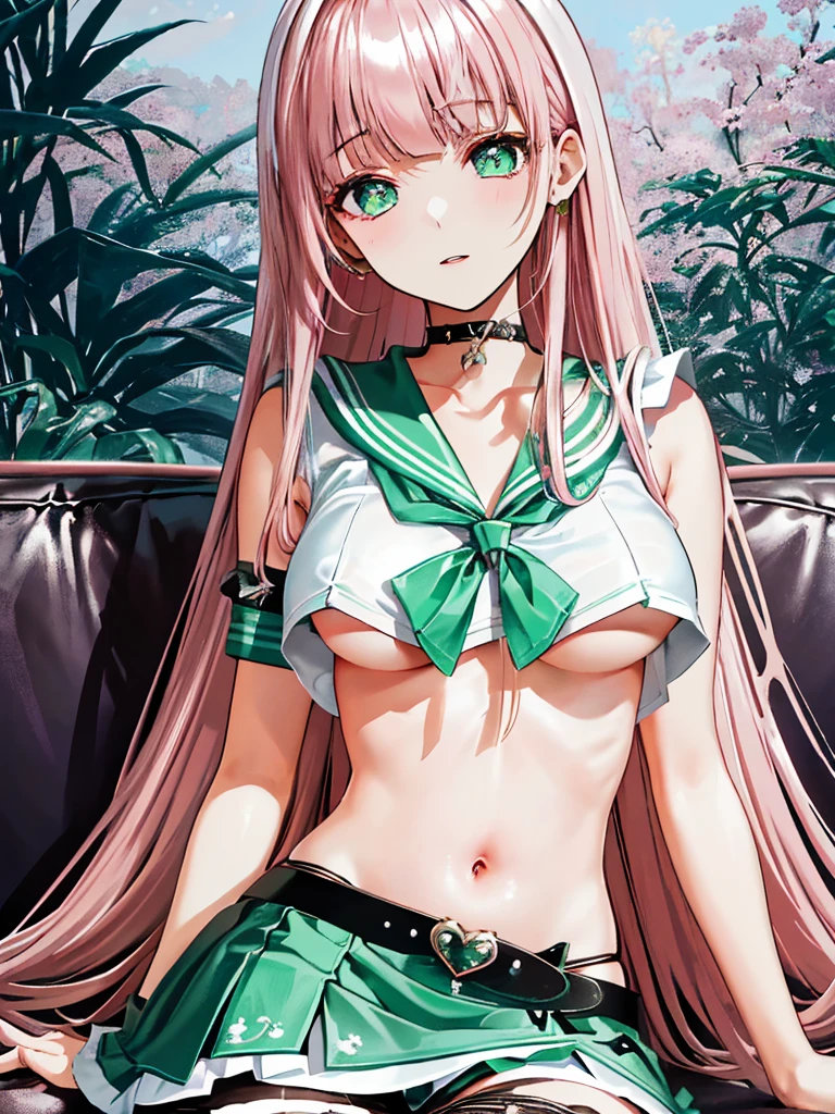 (((anime style, pink hair,emerald pupils))),(((indoor,leather couch / sofa,hands between thighs,sitting:0.8,)))((((((White sailor shirt,underboob,green sailor dress,zettai ryouiki,stocking,))))))(blushing), (geometric:1.1), ((1girl,amazing,adorable girl,goat horn,solo,cowboy shot,))(Masterpiece,Best quality, lineart, Beautiful and aesthetic:1.2),(16k,HD,HRS),((sagging breasts)), (((highdetailskin,))),Intricately detailed clothing，Delicate pupils,((((shiny hair|detailed hair|blunt bangiddle hair)))),(masterpiece sidelighting),(The sheen),(beautiful hair,beautiful eyelur background,bokeh:55mm)),((extremely_Detailed_Eyes_and_face)),Brilliant