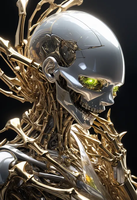 Ultra-high resolution 3DCG concept art.Surrealist style portrait of an organic android made of clear crystal glass、The android has a humanoid head with all of its head beautifully plated in gold.、Green Eyes、The head has no hair and is very smooth.、From the neck down, everything is made of colorless, transparent crystal glass that resembles a very beautiful human body.、The beautiful golden skeleton inside, resembling a human bone, is visible through the crystal glass.、His right hand is a large, circular, forked claw, plated with gold.。Feeling scared、Pitch black background、A pose that seems to attack the viewer from the depths of darkness、(Ultra HD、Masterpiece、Best Quality、8k.:1.5).Ultra Detail、High-quality 3D rendering.A scene from a movie、Dramatic Lighting、Professional photography resolution、Award-winning、