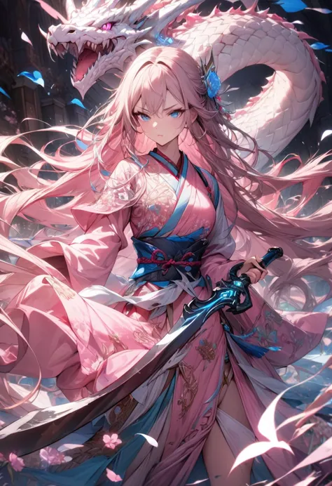 1girl,featuring a fantasy-themed character and a dragon,very long flowing hair,pink flower,white and pink kimono with floral pat...