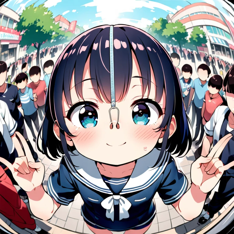 Best Quality，Young ，1 person，A shy smile，Fisheye Lens，shy，blush，Very cute，baby face，Very short stature，Flat Chest，Thin thighs，Short-sleeved sailor suit，Shopping Street，In the crowd，Cunning gestures， In preparation