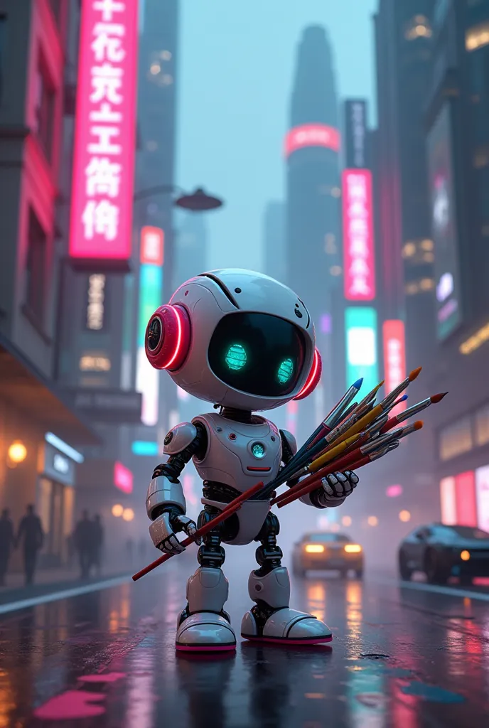 cyberpunk，Cute robot holding painting tools