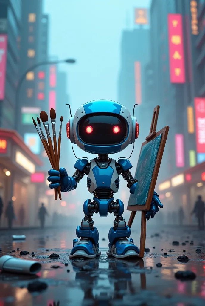 cyberpunk，Cute blue and white robot holding painting tools，