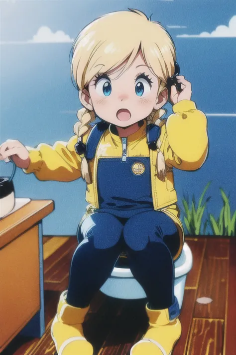 corona,Very young child,small,blonde,Surprised face,retro artstyle,One Girl,Put the goggles on your head,Braids,wear a tight-fitting yellow space suit,1980s \(style\),Pussy,cute,Pull down your pants,Sit on the toilet,To pee