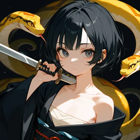 1 girl, black hair, iris, off-the-shoulder kimono, beautiful_face, black snake motif, kimono with snake scale pattern, solo illu...