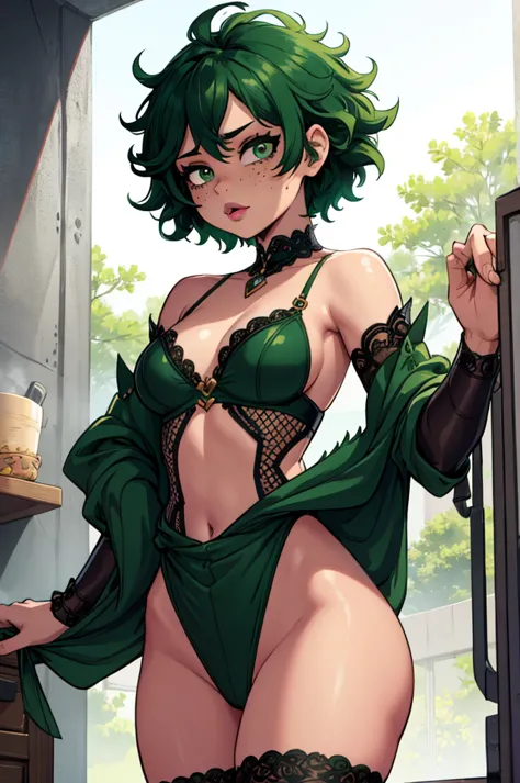 masterpiece, best quality, intricate details, izuku midoria female version, short stature, sexy and cute girl with short green h...