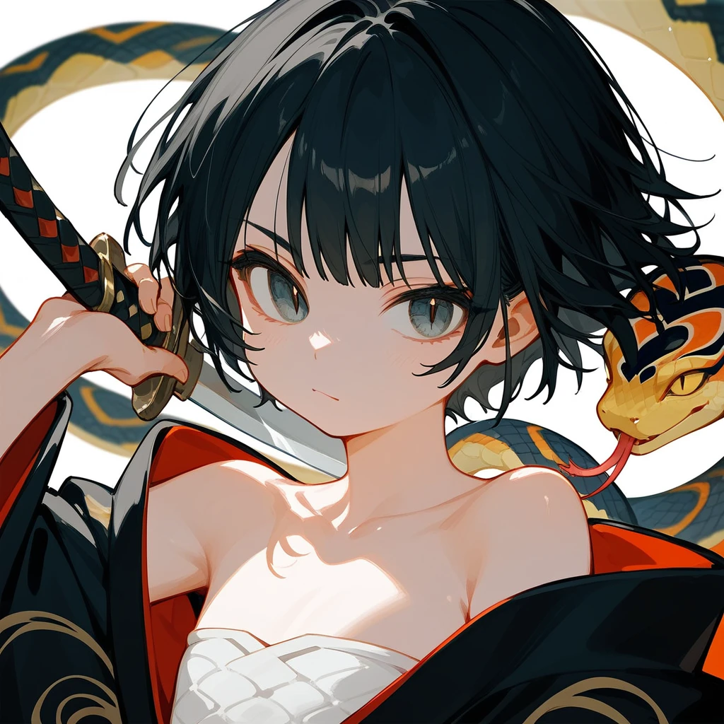 1 girl, Black Hair, iris, Off-the-shoulder kimono, beautiful_face, Black snake motif, Kimono with snake scale pattern, Solo Illustration, Short Hair, Black kimono, Holding a sword, Upper Body, 笑face, Flat Chest