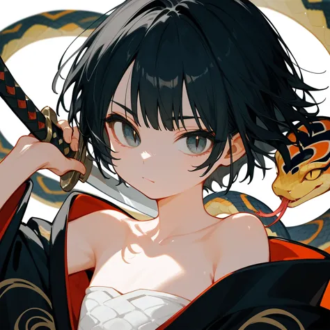 1 girl, black hair, iris, off-the-shoulder kimono, beautiful_face, black snake motif, kimono with snake scale pattern, solo illu...