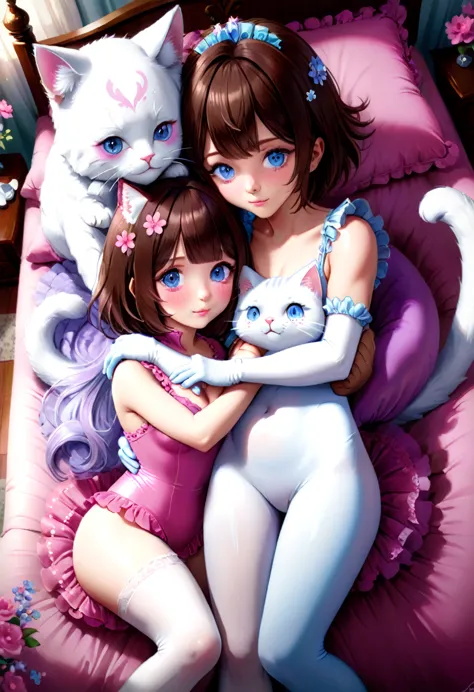 (fflixbom, white and pink cat facepaint) (1 man, 1 woman) (bob cut, brown hair, blue eyes) (hetero, couple) (crossdressing, full...