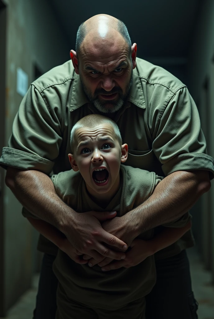 A twenty-year-old bald prison uniform wearing criminal kidnapping a bald teenager