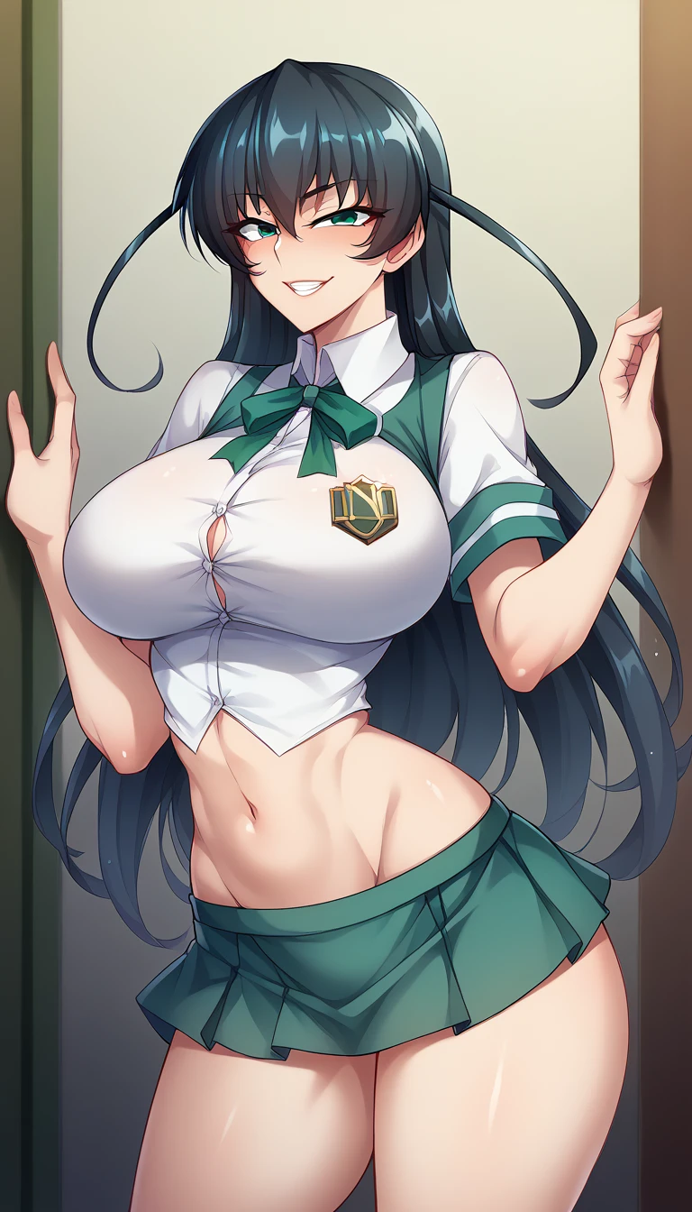 Igawa Asagi、Black Hair、Long Hair、Green Eyes、Super huge breasts、、、smile、high school student、Narrow waist、Open-chested、belly button、uniform、Standing posture、mini skirt、whole body、Big Ass、Hotel