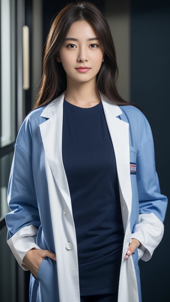 Best quality, masterpiece, 8k, Realistic, Realistic 조명, clear focus, 1 girl, perfect look, slim body, big breasts, View audience, dark brown hair, very detailed face, detailed eyes, ((office)), ((Lab coat worn over a dark blue t-shirt :1.3)), A slight smile while looking at the viewer, No makeup,