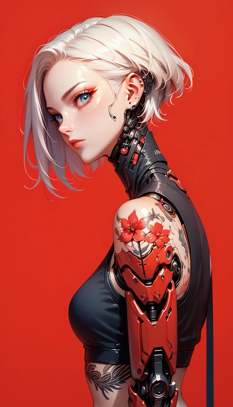 1 girl, alone, looking at the viewer, Simple background, blue eyes, closed mouth, short white hair, wearing a crop top, mechanical arms, floral tattoos, katana on the back, intricate tattoos, Cyberpunk style, side view, Red background, elegant metallic body parts, cybernetic limbs, parts, intense look, Futuristic aesthetics and robotic details