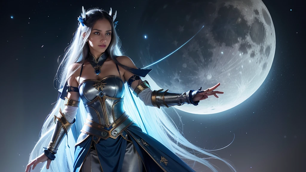 Pevita Pearce as Miya from Mobile Legends, graceful appearance with long silver hair tied half up, wearing blue and silver armor with carved moons and stars, light blue sharp eyes, holding a large bow of light that radiates the magical effects of the moon, stand with an upright posture and full of confidence, surrounded by a soft light coming from her bow. 