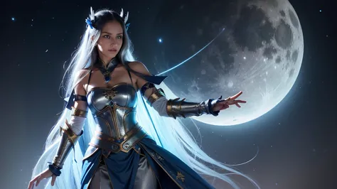 pevita pearce as miya from mobile legends, graceful appearance with long silver hair tied half up, wearing blue and silver armor...