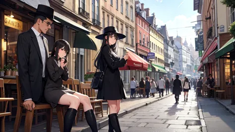 a woman watching people walking down the main street from a seat on a café terrace, black hat, black boots, black long cardigan,...