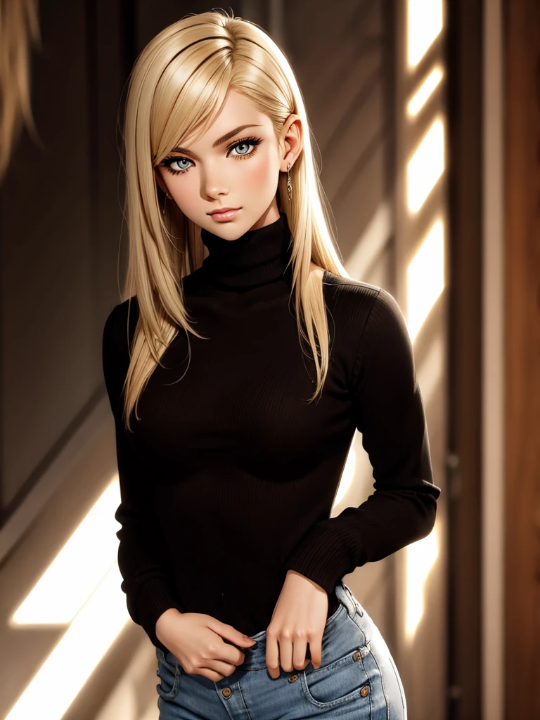 (best quality), 1girl, female, porcelain skin, blonde hair, straight hair, bangs, medium hair, swoopy tips, brown eyes, perfect eyes, black turtleneck, jeans, skinny body, petite, small bust, shy, masterpiece, anatomically correct, highres