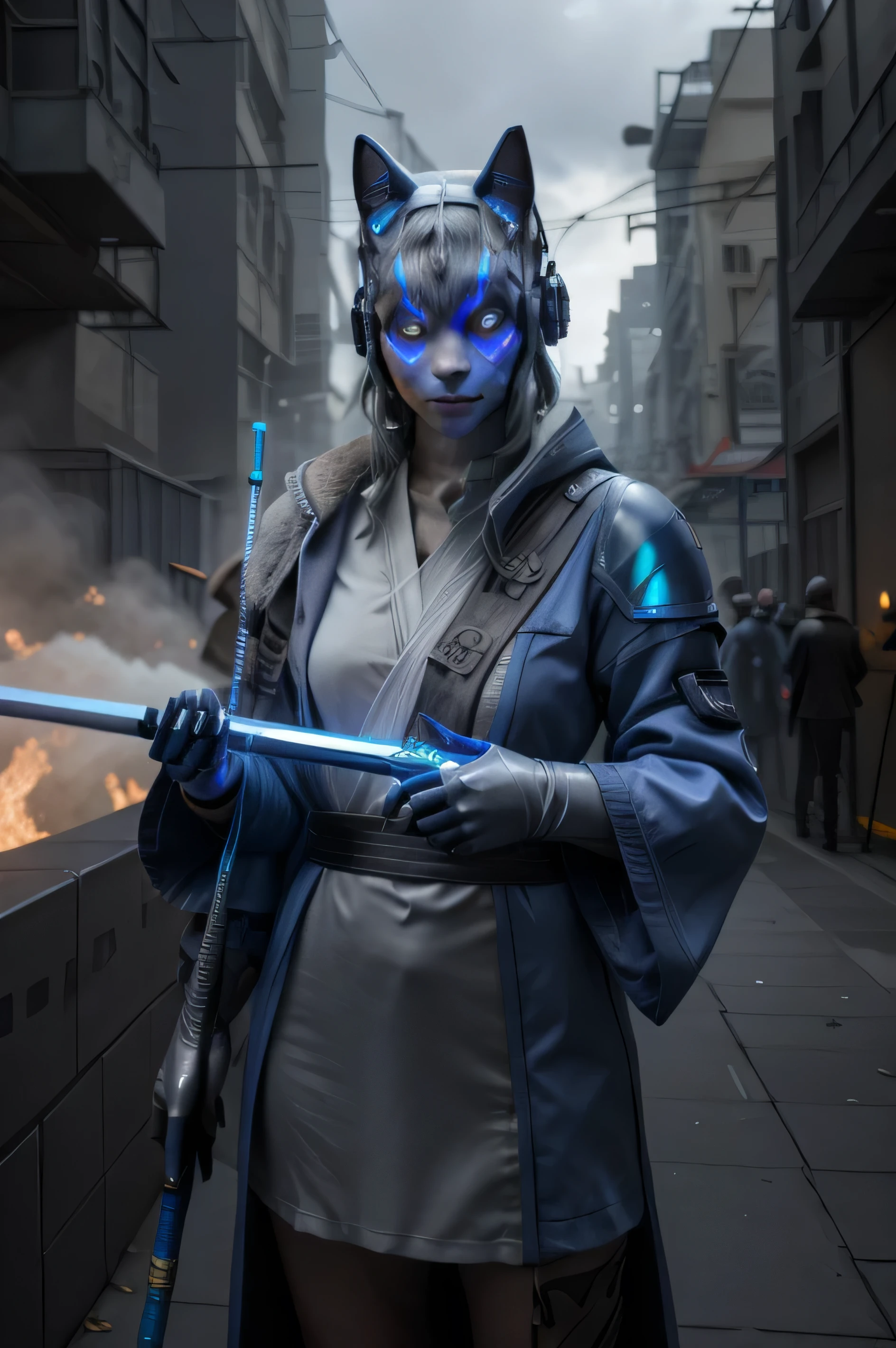 sci fi cleric, blue cat hybrid woman furry, holding a futuristic staff, with a robe, enemy monsters in the background, realism, sci fi, cool cyber helmet, hyper realistic
