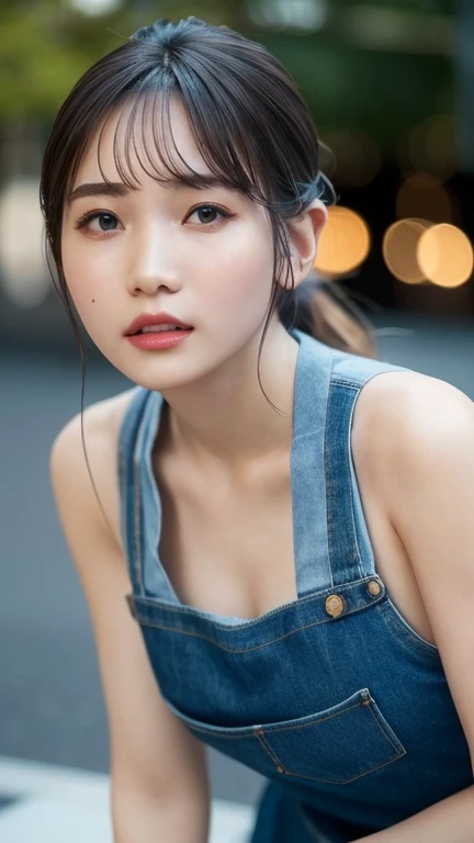 (Half Body Shot), Hyperrealism, (Photorealistic:1.4), 8k, Maximum resolution, (Masterpiece), Very detailed, Best Quality, A sophisticated face, The most beautiful women of Japan, Beautiful eyes and lips down to the last detail, Canon R5 50mm,  (Japanese Idols:1.3), Small breasts, (Casual denim small apron、Wear only an apron)、Small breastsが見える、Beautiful armpits、Beautiful waist、 Confident, Relaxed, City street atmosphere,Seductive look、Open your mouth a little、